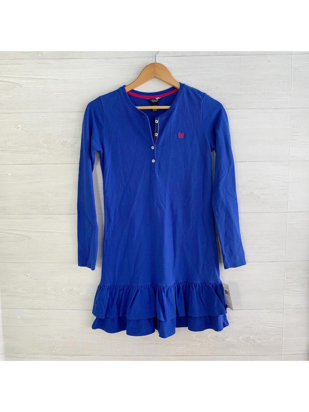 NWT Chaps Girls XL 14-16 Blue Cotton Henley Ruffle Hem Dress Long Sleeve